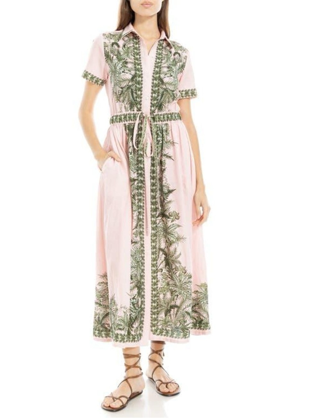 Linen maxi dress button down shirt collar tropical palm print pockets blush - Picture 4 of 15
